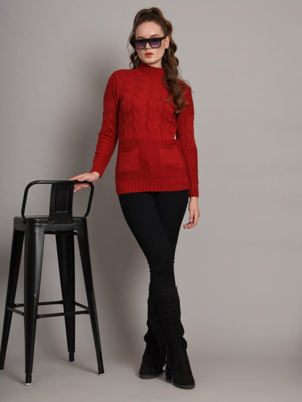 Women’s maroon cable knit high neck mid-length winter top with front pockets