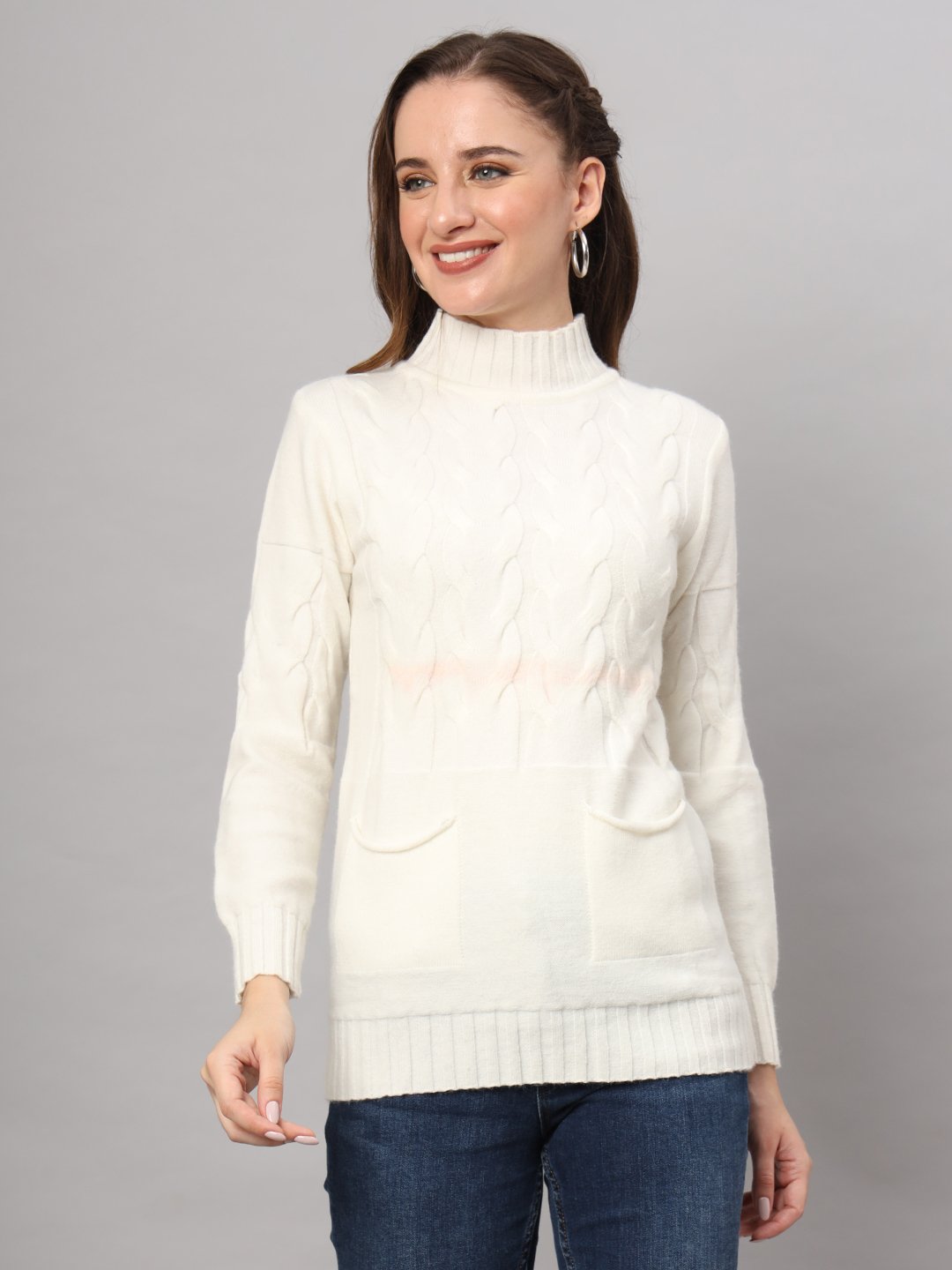 Women's Off-White Cable Knit Mid-Length Winter Top