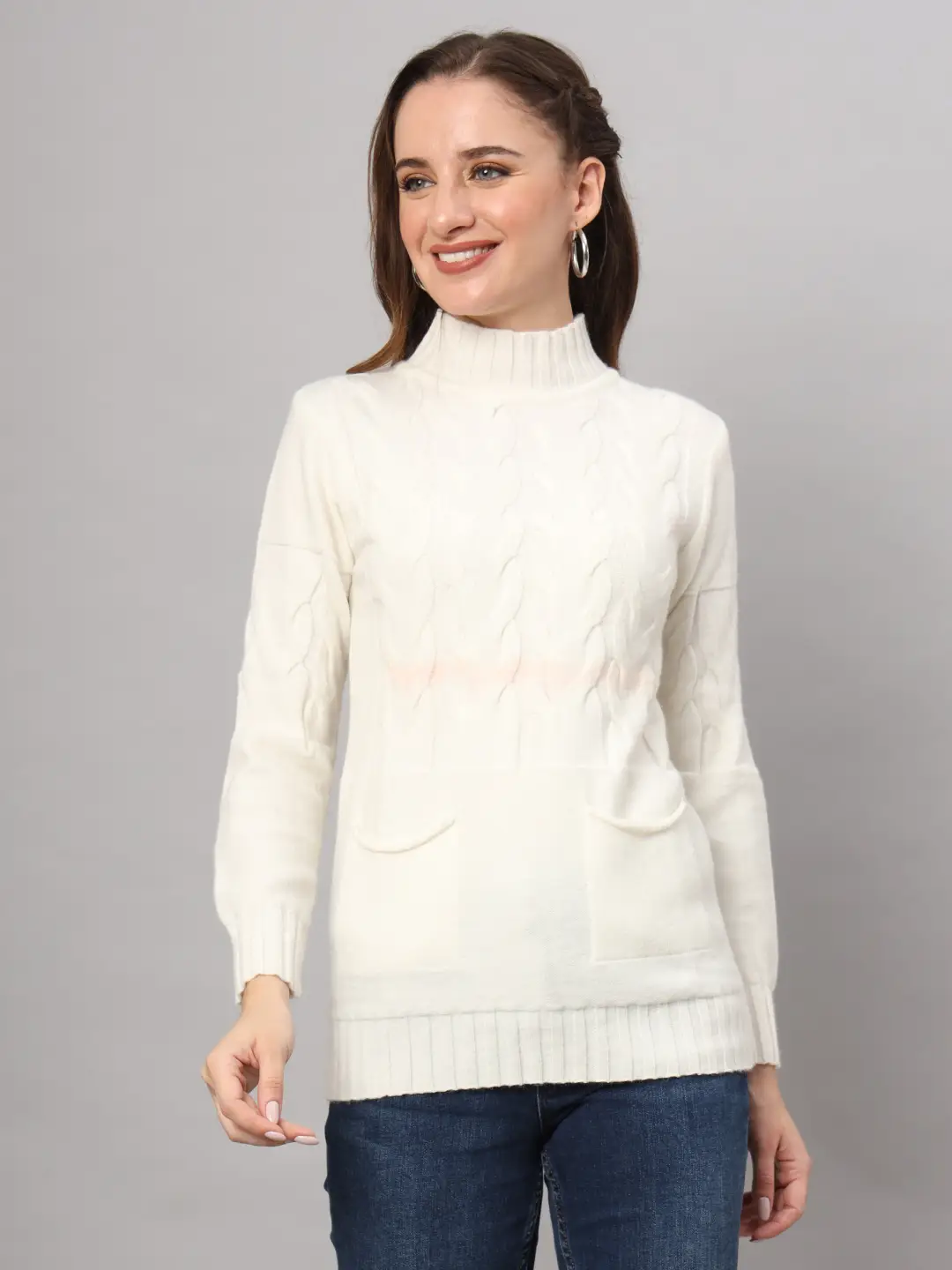 Women's Off-White Cable Knit Mid-Length Winter Top