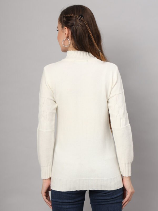 Women's Off-White Cable Knit Mid-Length Winter Top with High Neck & Pocket Detailing