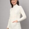 Women's Off-White Cable Knit Mid-Length Winter Top with High Neck & Pocket Detailing