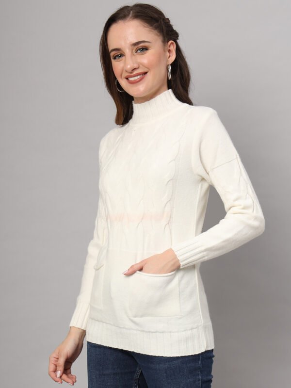Women's Off-White Cable Knit Mid-Length Winter Top with High Neck & Pocket Detailing