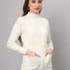 Women's Off-White Cable Knit Mid-Length Winter Top with High Neck & Pocket Detailing