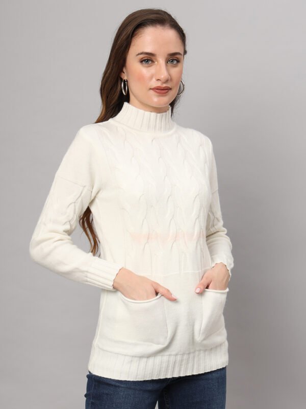 Women's Off-White Cable Knit Mid-Length Winter Top with High Neck & Pocket Detailing