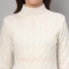 Women's Off-White Cable Knit Mid-Length Winter Top with High Neck & Pocket Detailing