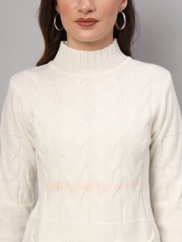 Women's Off-White Cable Knit Mid-Length Winter Top with High Neck & Pocket Detailing