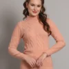 Women's Peach Cable Knit Mid-Length Winter Top with High Neck and Front Pocket