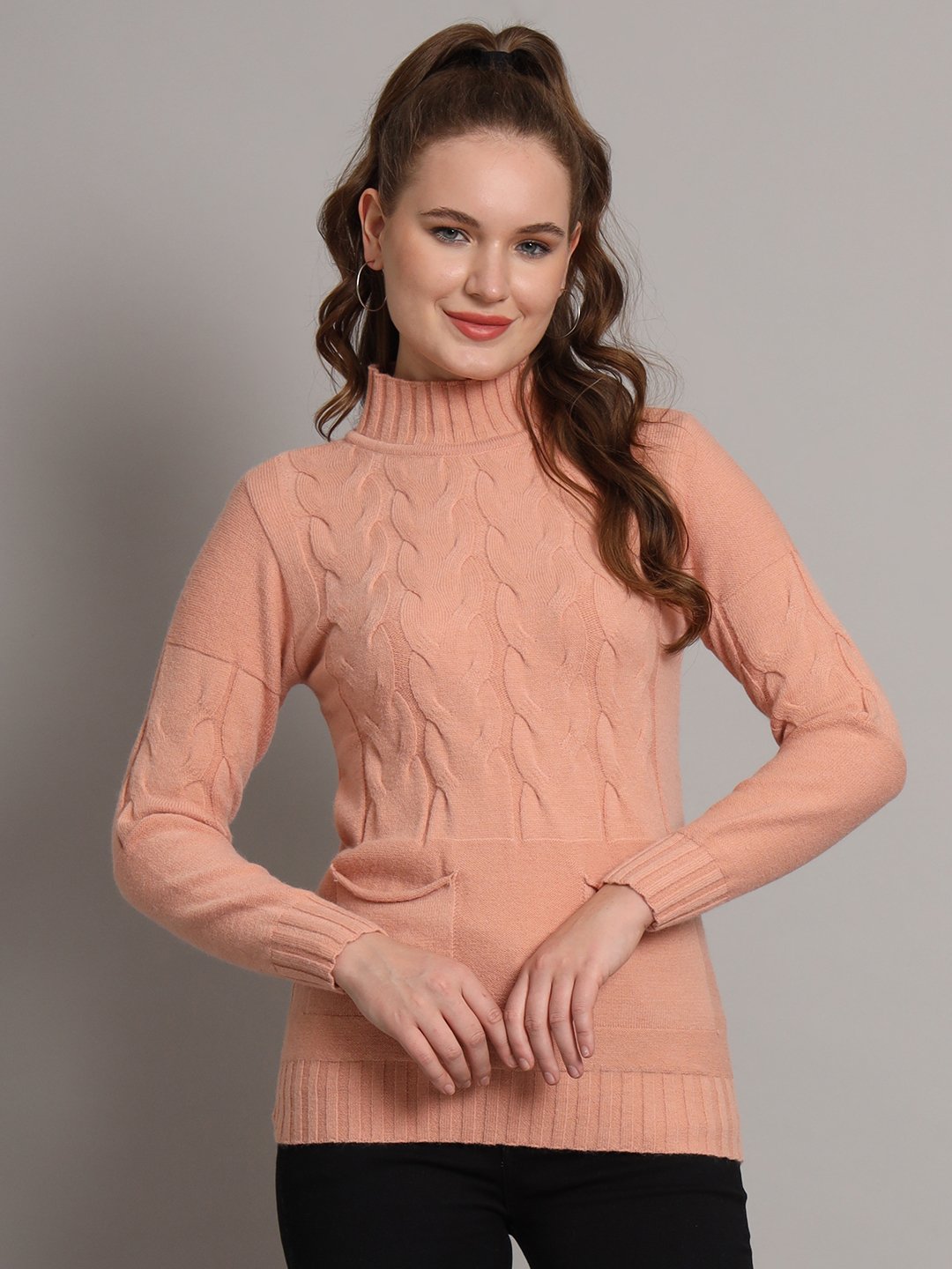 Women's Peach Cable Knit Mid-Length Winter Top with High Neck and Front Pocket