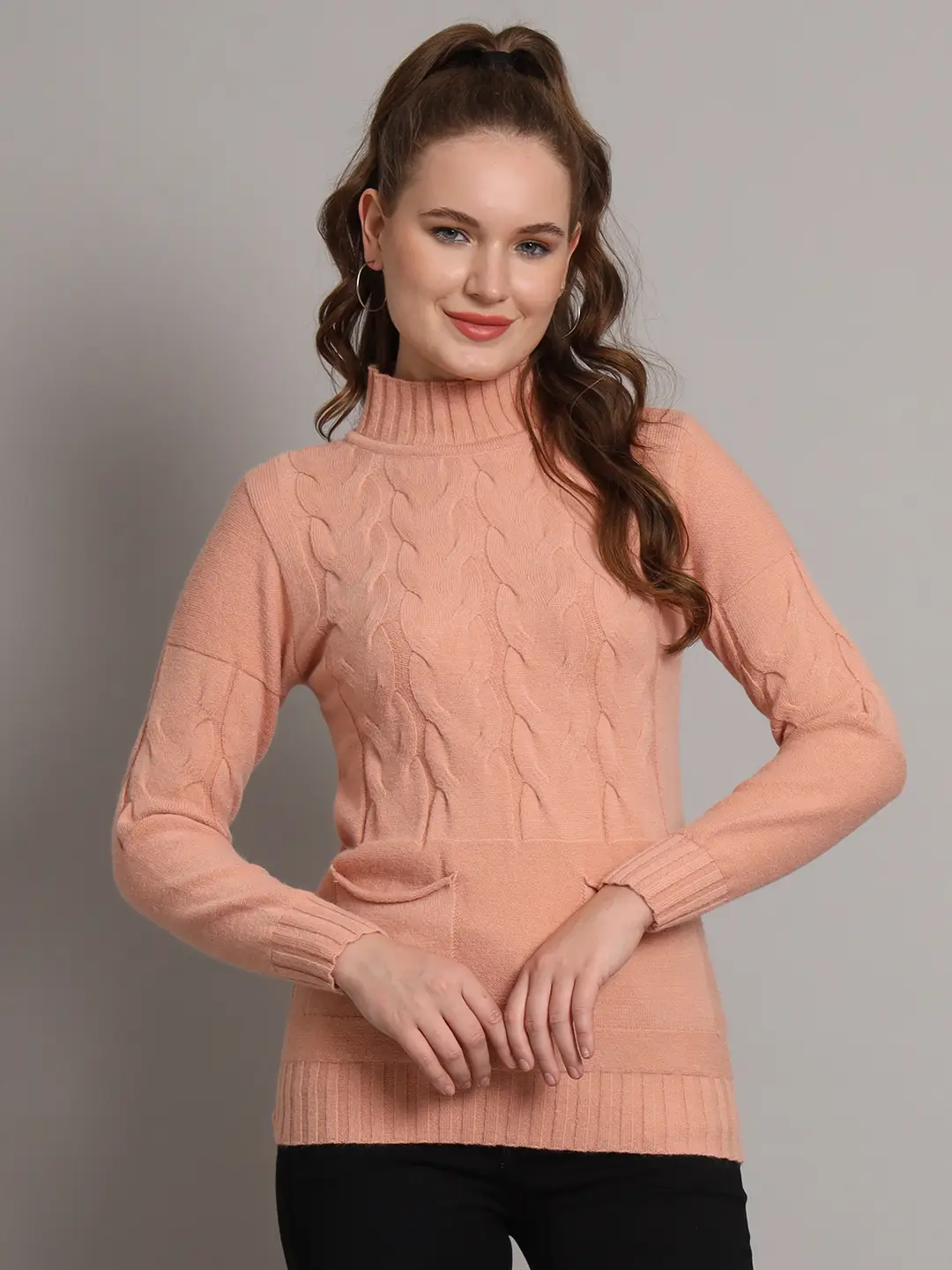 Women's Peach Cable Knit Mid-Length Winter Top with High Neck and Front Pocket