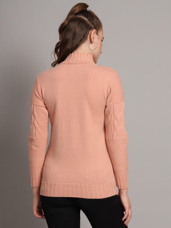 Women's Peach Cable Knit Mid-Length Winter Top with High Neck & Front Pocket
