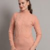 Women's Peach Cable Knit Mid-Length Winter Top with High Neck & Front Pocket