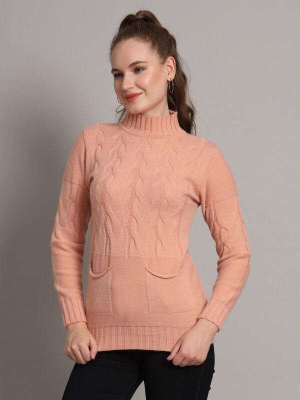 Women's Peach Cable Knit Mid-Length Winter Top with High Neck & Front Pocket