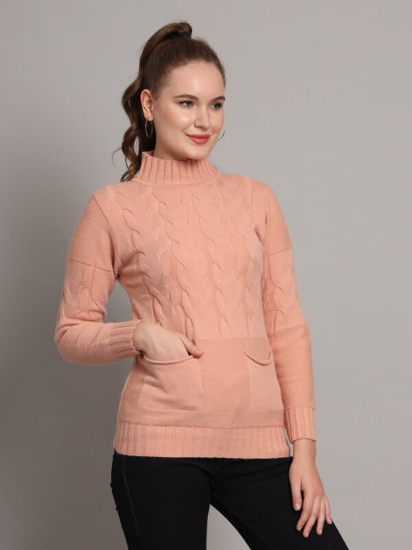 Women's Peach Cable Knit Mid-Length Winter Top with High Neck & Front Pocket