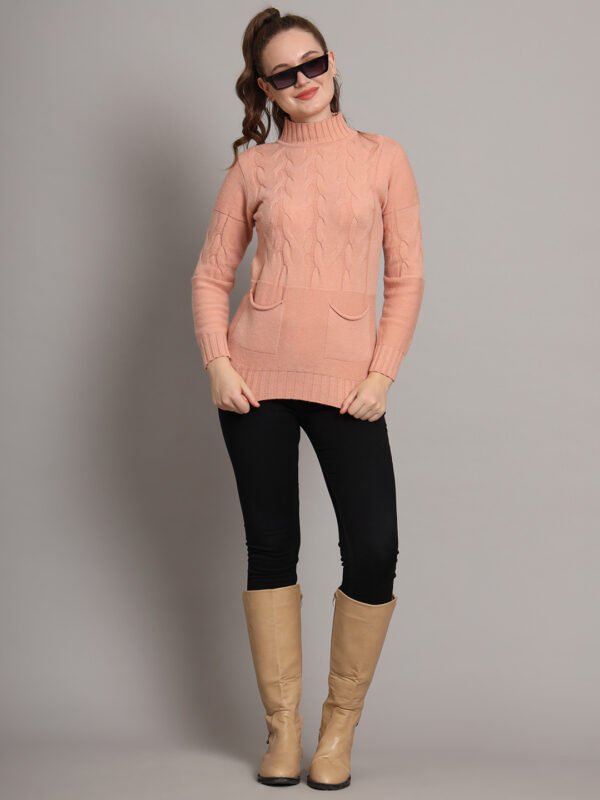 Women's Peach Cable Knit Mid-Length Winter Top with High Neck & Front Pocket