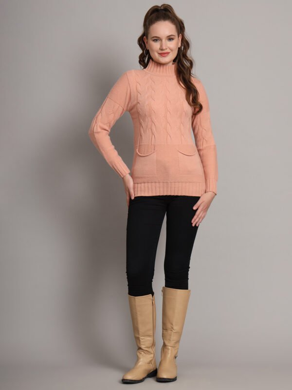 Women's Peach Cable Knit Mid-Length Winter Top with High Neck and Front Pocket