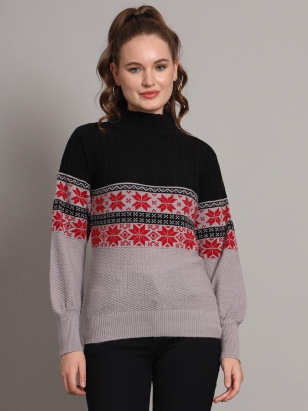 Women's Black & Grey Fair Isle Pattern Mid-Length Winter Top with High Neck