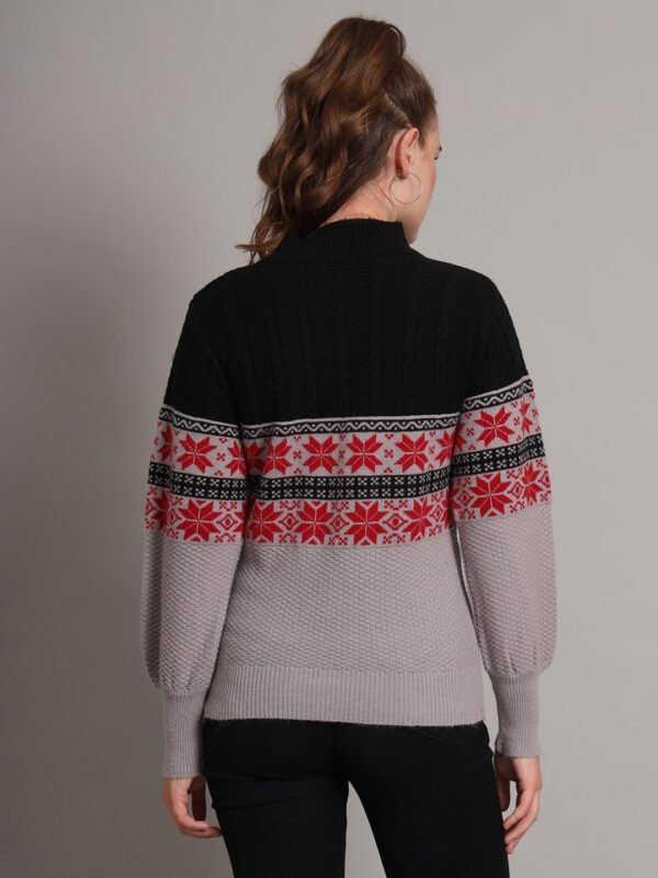 Women's Black & Grey Fair Isle Pattern Mid-Length Winter Top with High Neck