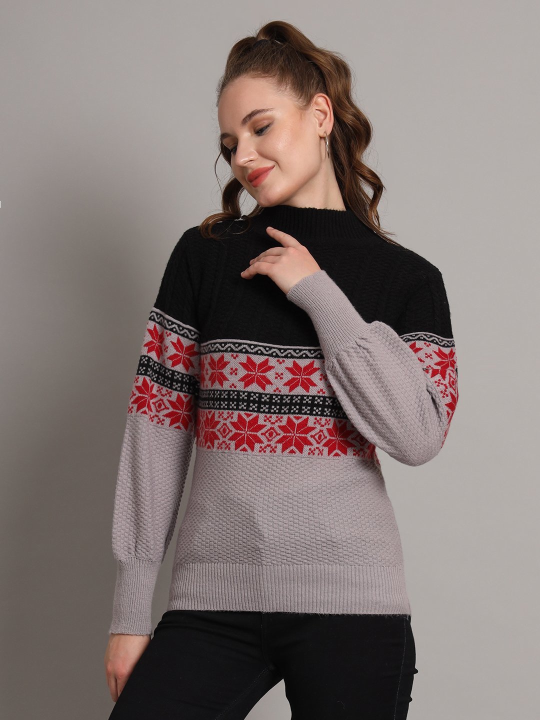Women's Black & Grey Fair Isle Pattern Mid-Length Winter Top with High Neck