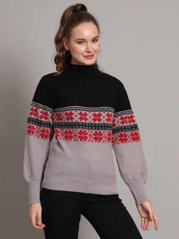 Women's Black & Grey Fair Isle Pattern Mid-Length Winter Top with High Neck