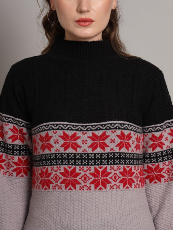 Women's Black & Grey Fair Isle Pattern Mid-Length Winter Top with High Neck
