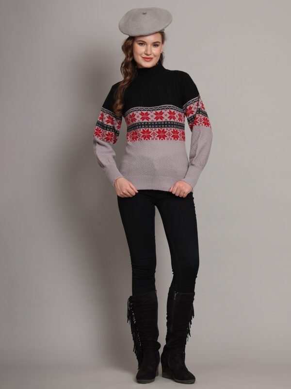 Women's Black & Grey Fair Isle Pattern Mid-Length Winter Top with High Neck