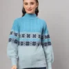 Aqua Blue Fair Isle Knit Mid-Length Women's Winter Sweater Top