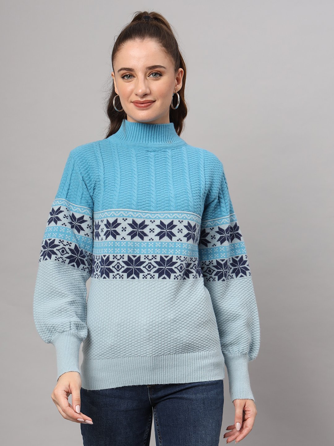 Aqua Blue Fair Isle Knit Mid-Length Women's Winter Sweater Top