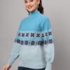 Women's Aqua Blue Fair Isle Knit Mid-Length Winter Sweater Top