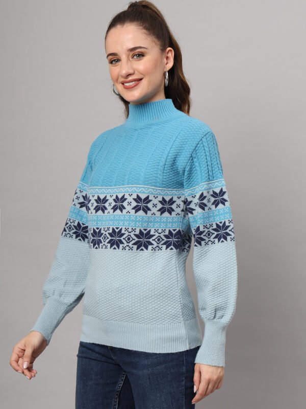 Women's Aqua Blue Fair Isle Knit Mid-Length Winter Sweater Top