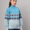 Women's Aqua Blue Fair Isle Knit Mid-Length Winter Sweater Top