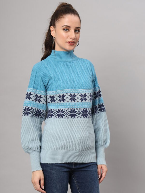Women's Aqua Blue Fair Isle Knit Mid-Length Winter Sweater Top