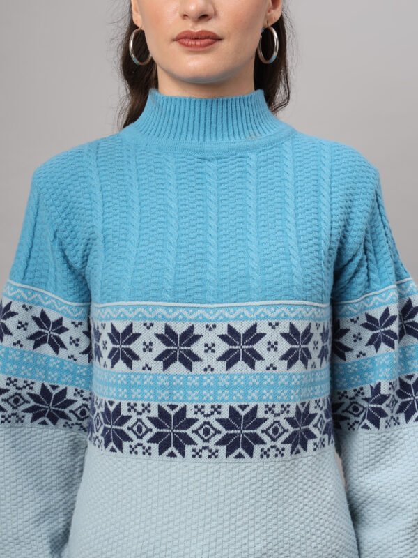Women's Aqua Blue Fair Isle Knit Mid-Length Winter Sweater Top