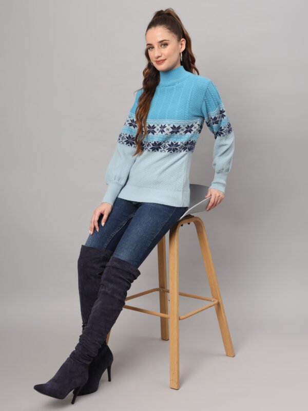 Women's Aqua Blue Fair Isle Knit Mid-Length Winter Sweater Top