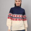 Women's Navy & Cream Nordic Knit Mid-Length Winter Sweater Top