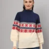 Women's Navy & Cream Nordic Knit Mid-Length Winter Sweater Top Women's Navy & Cream Nordic Knit Mid-Length Winter Sweater Top