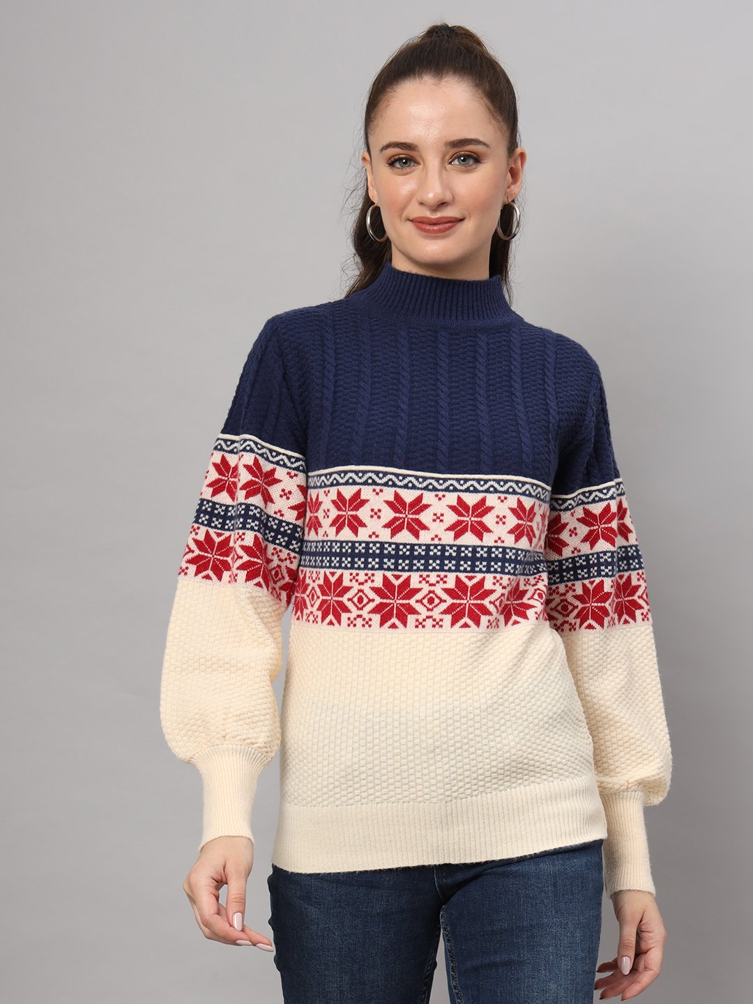 Women's Navy & Cream Nordic Knit Mid-Length Winter Sweater Top