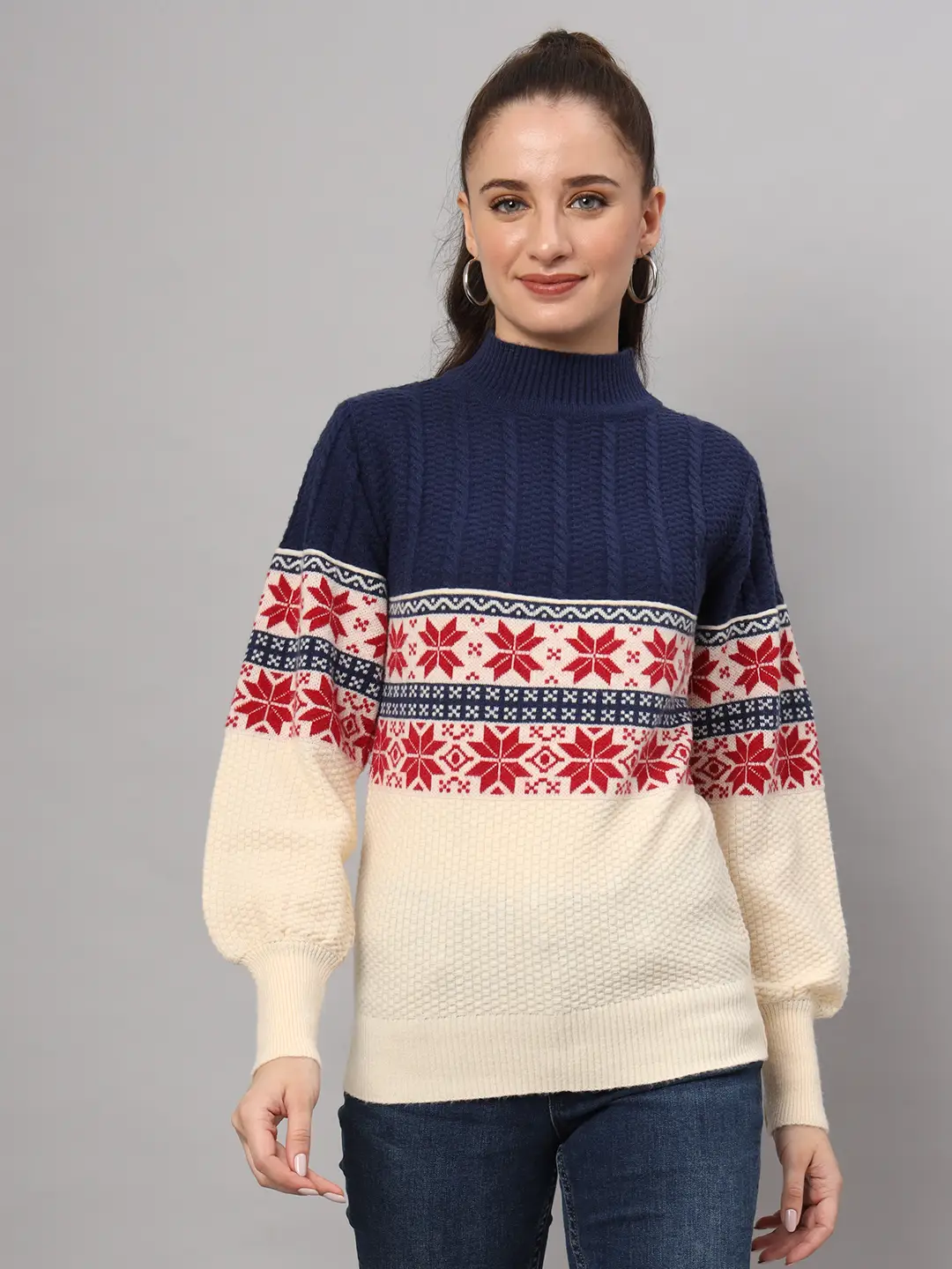 Women's Navy & Cream Nordic Knit Mid-Length Winter Sweater Top