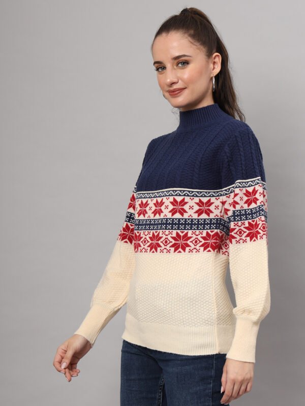 Women's Navy & Cream Nordic Knit Mid-Length Winter Sweater Top