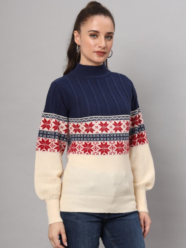 Women's Navy & Cream Nordic Knit Mid-Length Winter Sweater Top