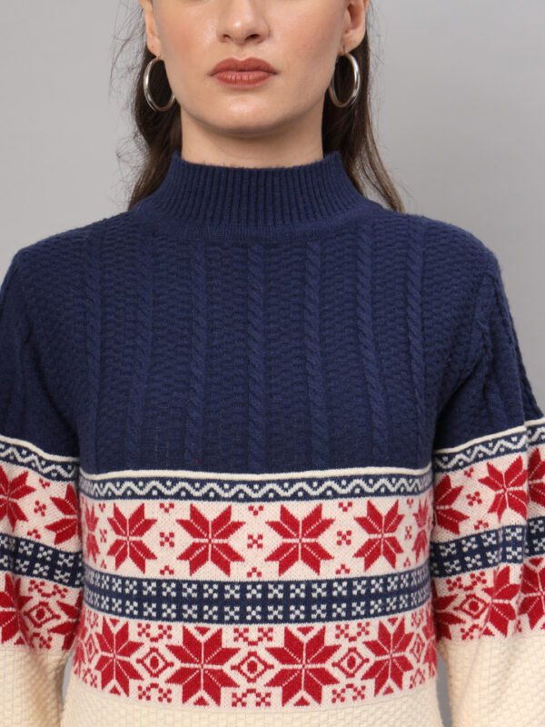 Women's Navy & Cream Nordic Knit Mid-Length Winter Sweater Top