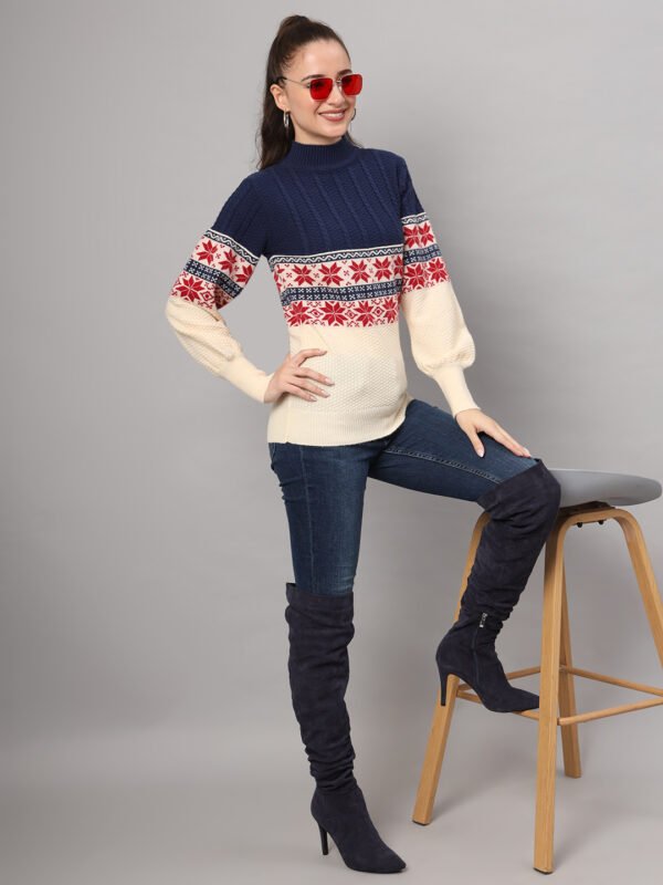 Women's Navy & Cream Nordic Knit Mid-Length Winter Sweater Top