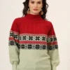 Women's Red & Mint Green Fair Isle Knit Mid-Length Winter Sweater Top