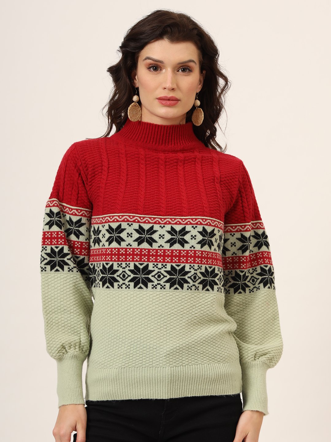 Women's Red & Mint Green Fair Isle Knit Mid-Length Winter Sweater Top