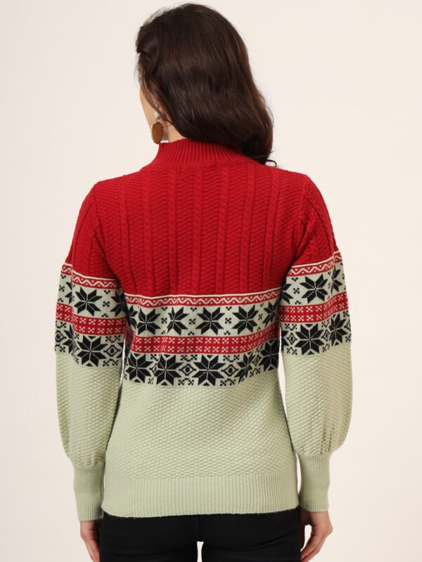 Women's Red & Mint Green Fair Isle Knit Mid-Length Winter Sweater Top