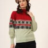 Women's Red & Mint Green Fair Isle Knit Mid-Length Winter Sweater Top