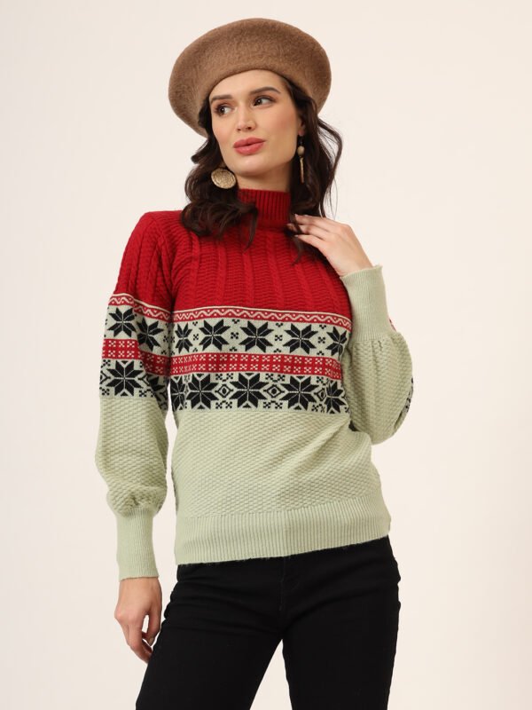 Women's Red & Mint Green Fair Isle Knit Mid-Length Winter Sweater Top