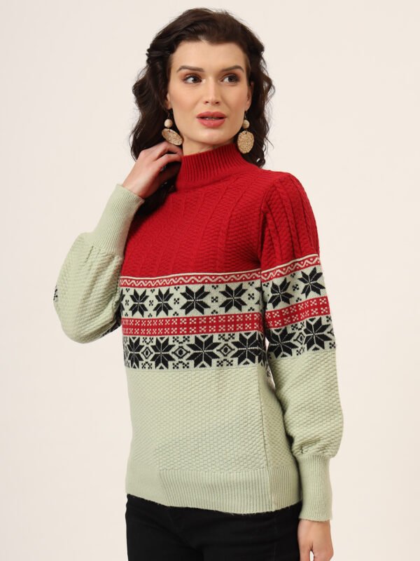 Women's Red & Mint Green Fair Isle Knit Mid-Length Winter Sweater Top