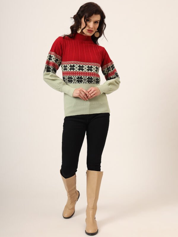 Women's Red & Mint Green Fair Isle Knit Mid-Length Winter Sweater Top