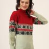 Women's Red & Mint Green Fair Isle Knit Mid-Length Winter Sweater Top