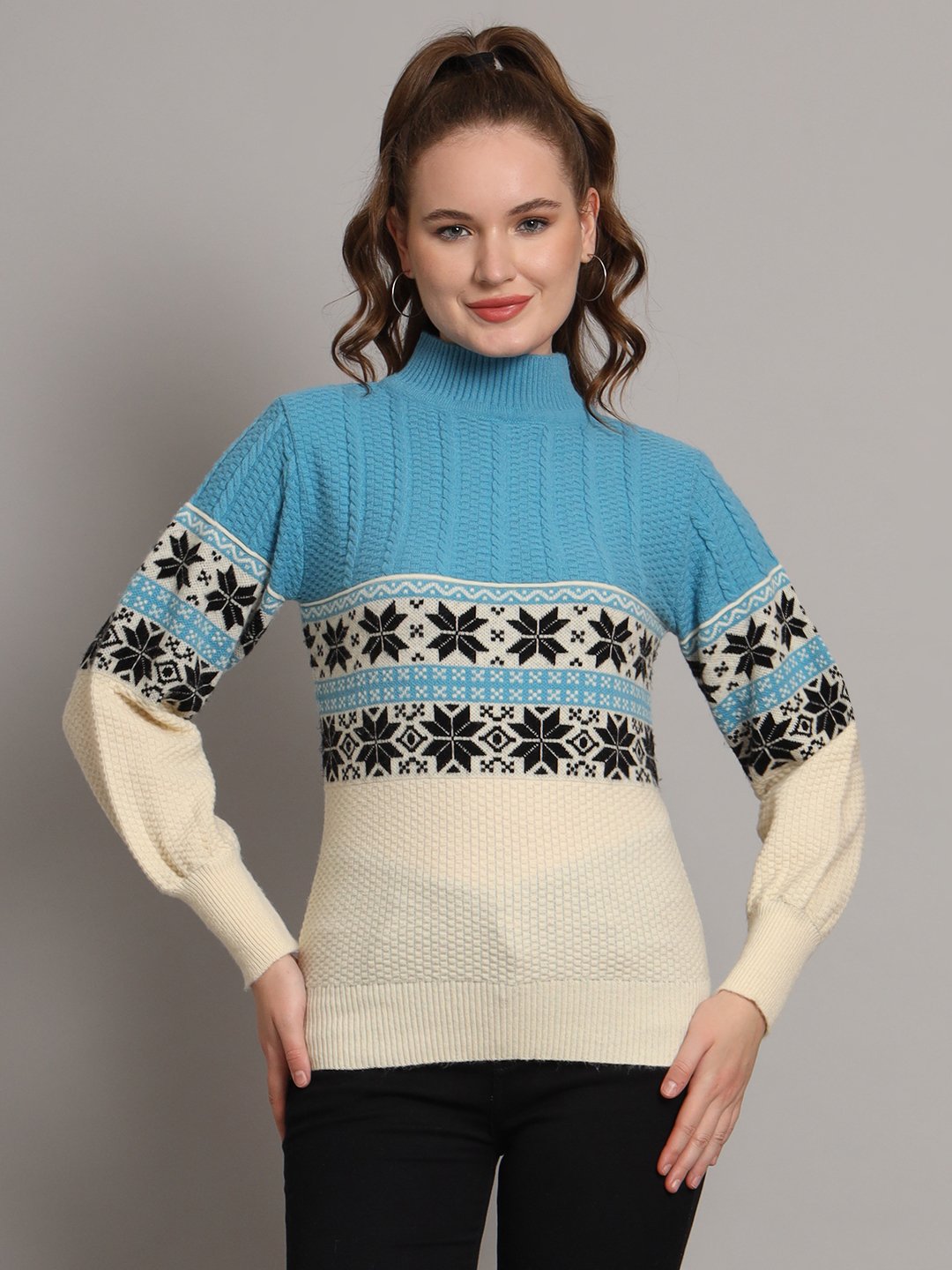 Women's Sky Blue & Ivory Fair Isle Knit Mid-Length Winter Sweater